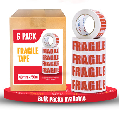 Fragile Printed Packing Tape 4.8cm x 50m White PP Roll Adhesive Shipping Mailing - Pack of 5