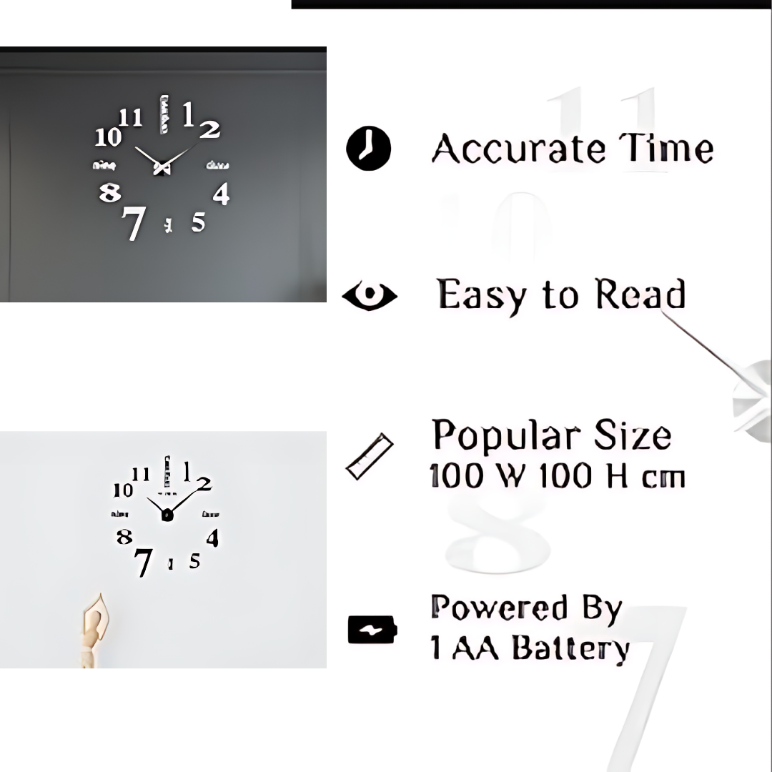 Large 3D DIY Wall Clock – Silver Mirror Numbers, Up to 100 cm - photo 2