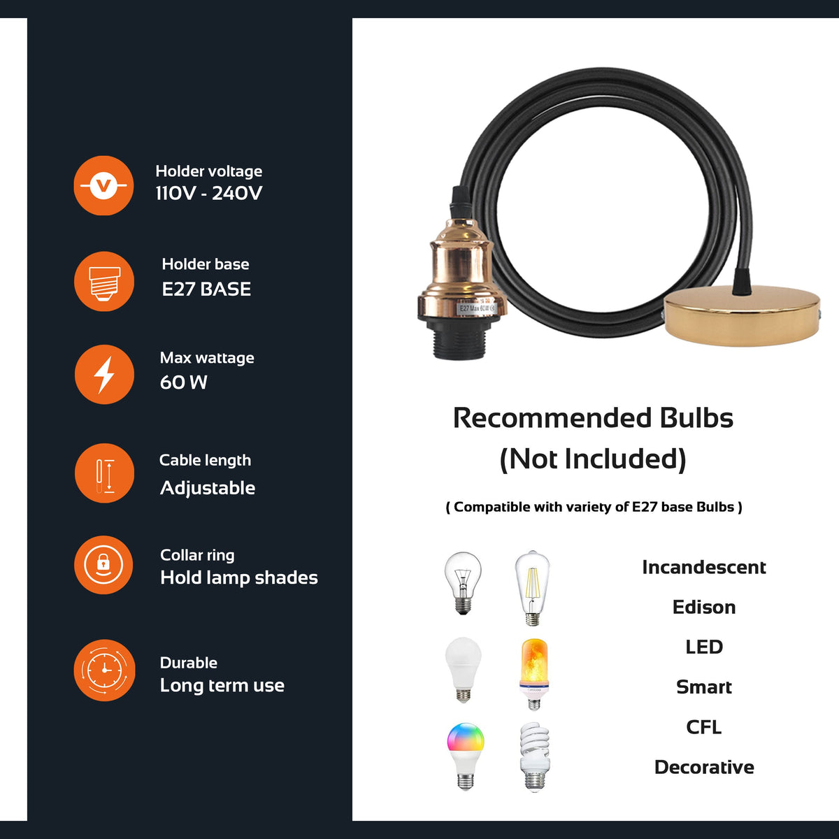 White Pendant Light Set – 95 cm Cable, E27, Curvy, Cone or Dome Shade