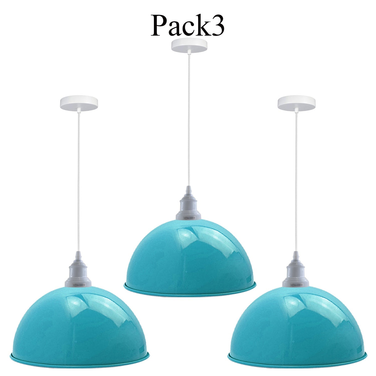 White Pendant Light Set – 95 cm Cable, E27, Curvy, Cone or Dome Shade - White, Dome 40 cm Light Blue Pack of 3, Without Bulb