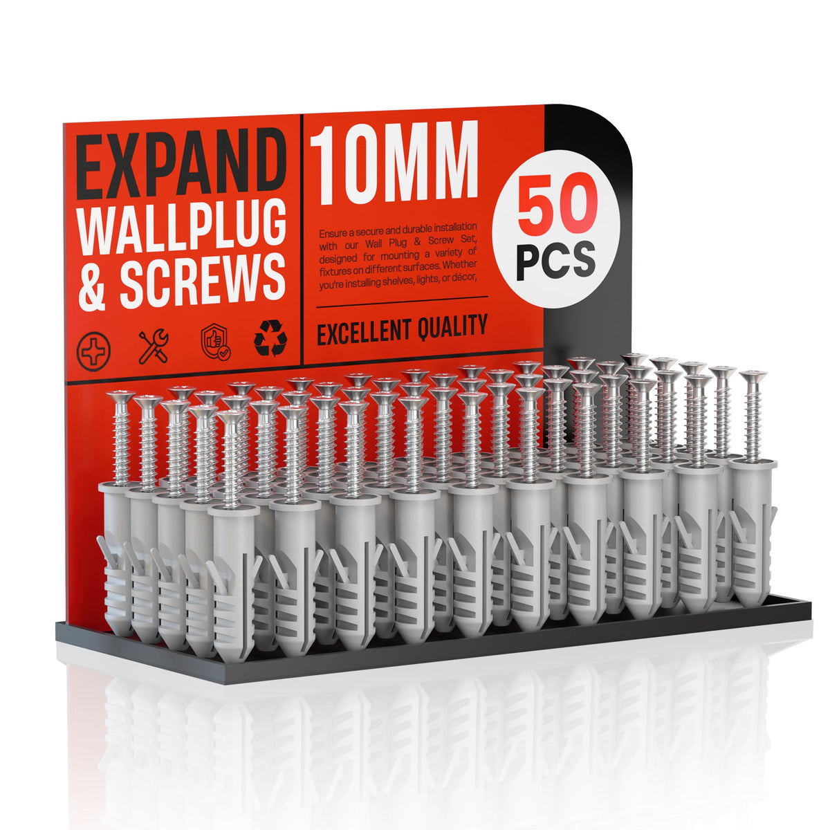 Grey Wall Plugs and Screws, 10 mm – Pack of 50 - 50 Plugs & Screws