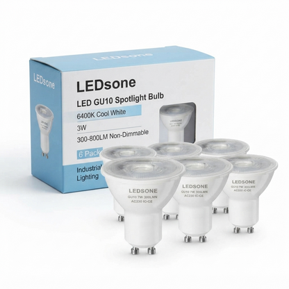 GU10 LED Spotlight Bulbs Cool White 6400K - 3W, Pack of 6