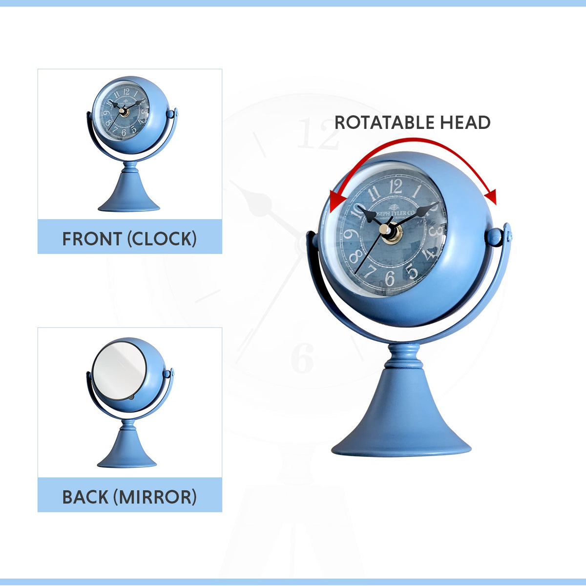 Moon Stand Table Clock with Mirror – Rotating Head, Blue or White - photo 9