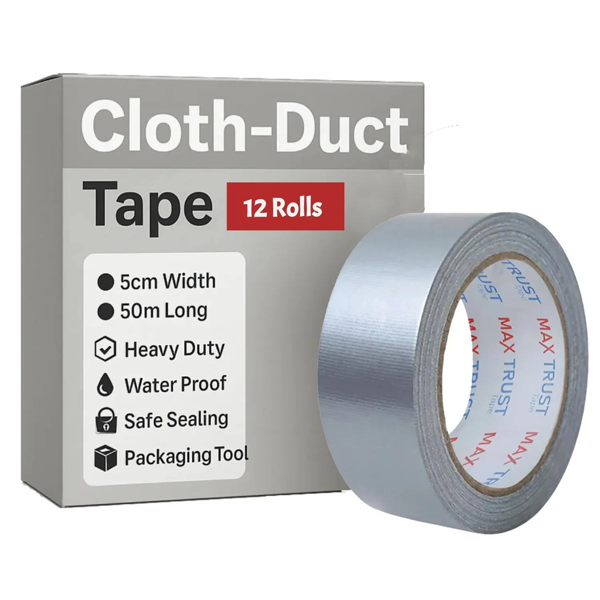 Heavy Duty Cloth Duct Tape 5cm x 50m Silver Strong Adhesive for Sealing - Pack of 12