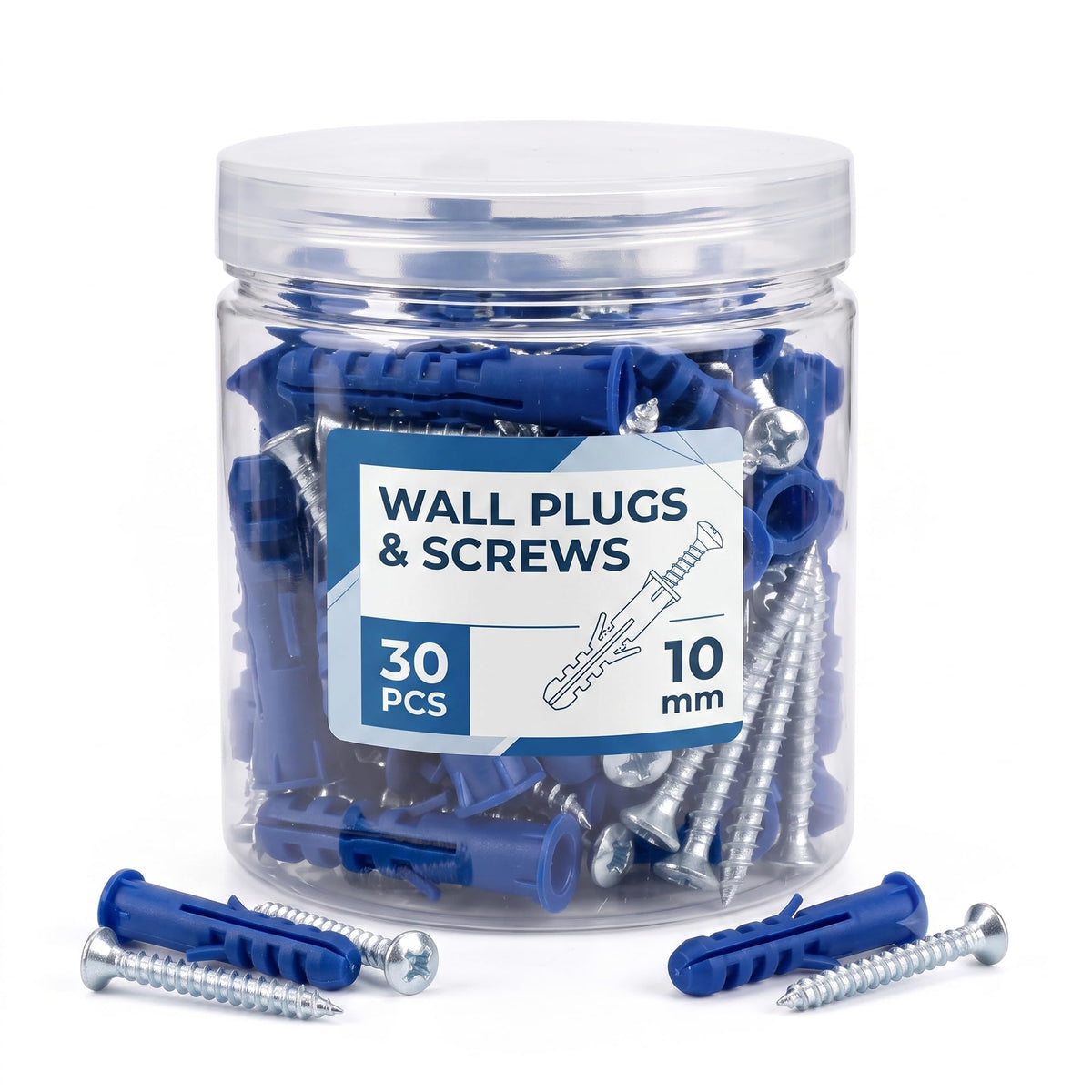 Wall Plugs and Screws in a Jar – 8 mm Orange (40) or 10 mm Blue (30) - 10 mm Blue, Jar of 30, 1 Jar