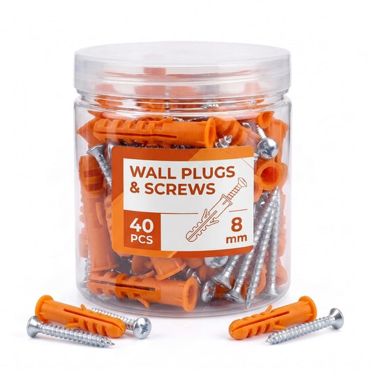 Wall Plugs and Screws in a Jar – 8 mm Orange (40) or 10 mm Blue (30) - 8 mm Orange, Jar of 40, 1 Jar
