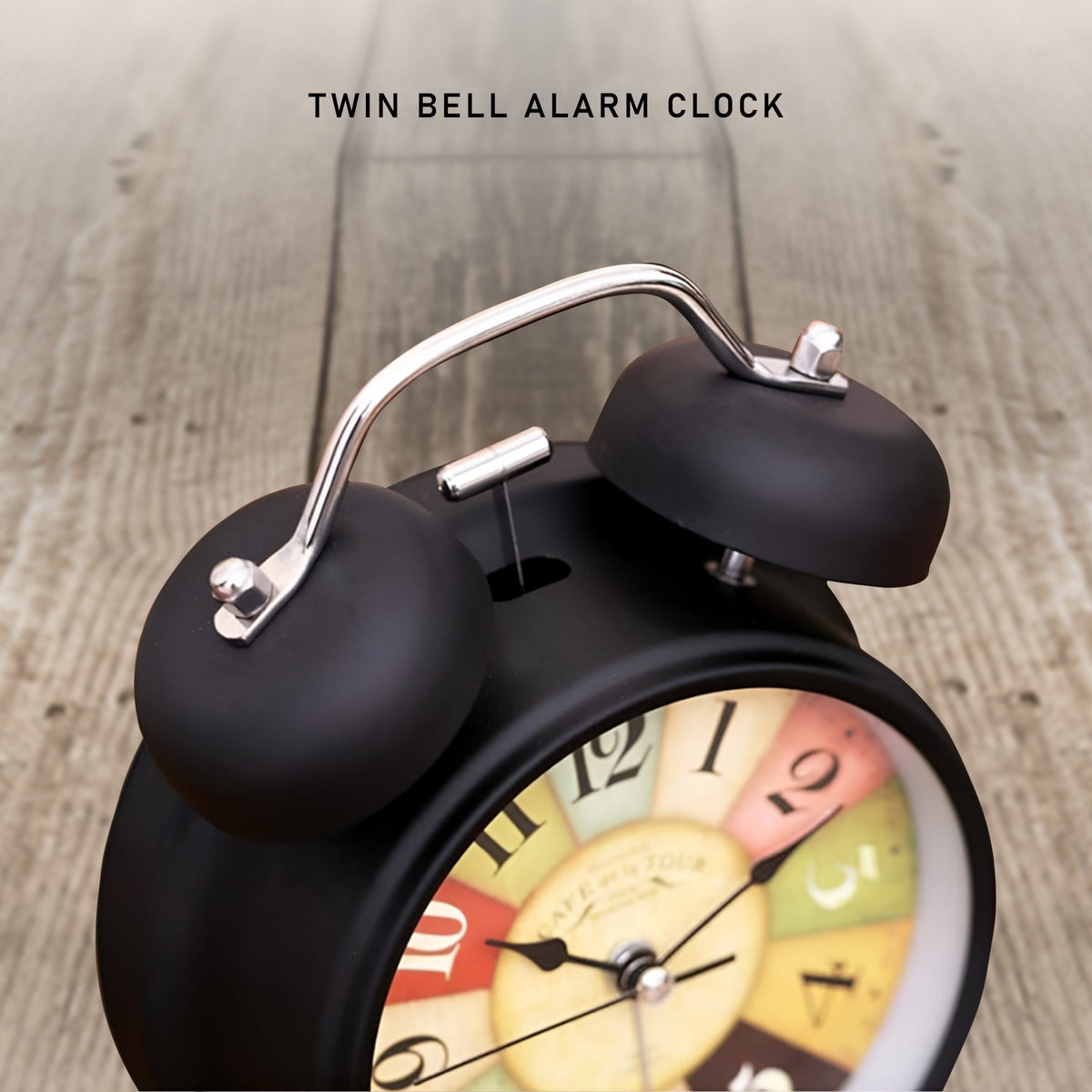 Twin Bell Alarm Clock – Colourful Retro Dial, Black, Small or Large - photo 4