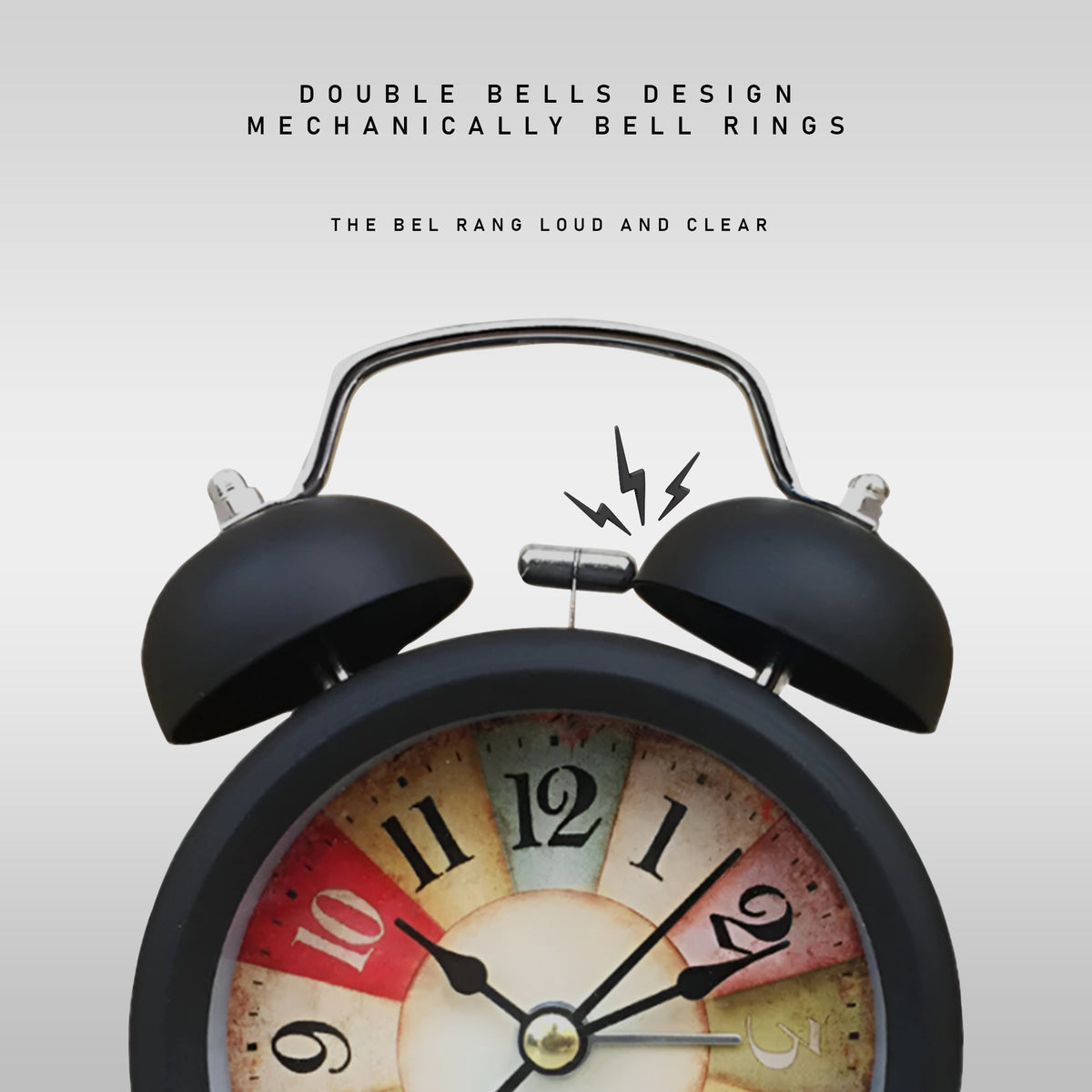 Twin Bell Alarm Clock – Colourful Retro Dial, Black, Small or Large - photo 5