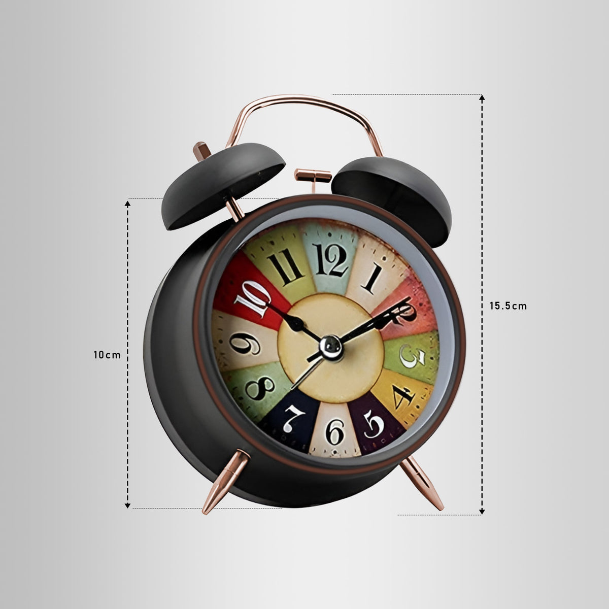 Twin Bell Alarm Clock – Colourful Retro Dial, Black, Small or Large - Large
