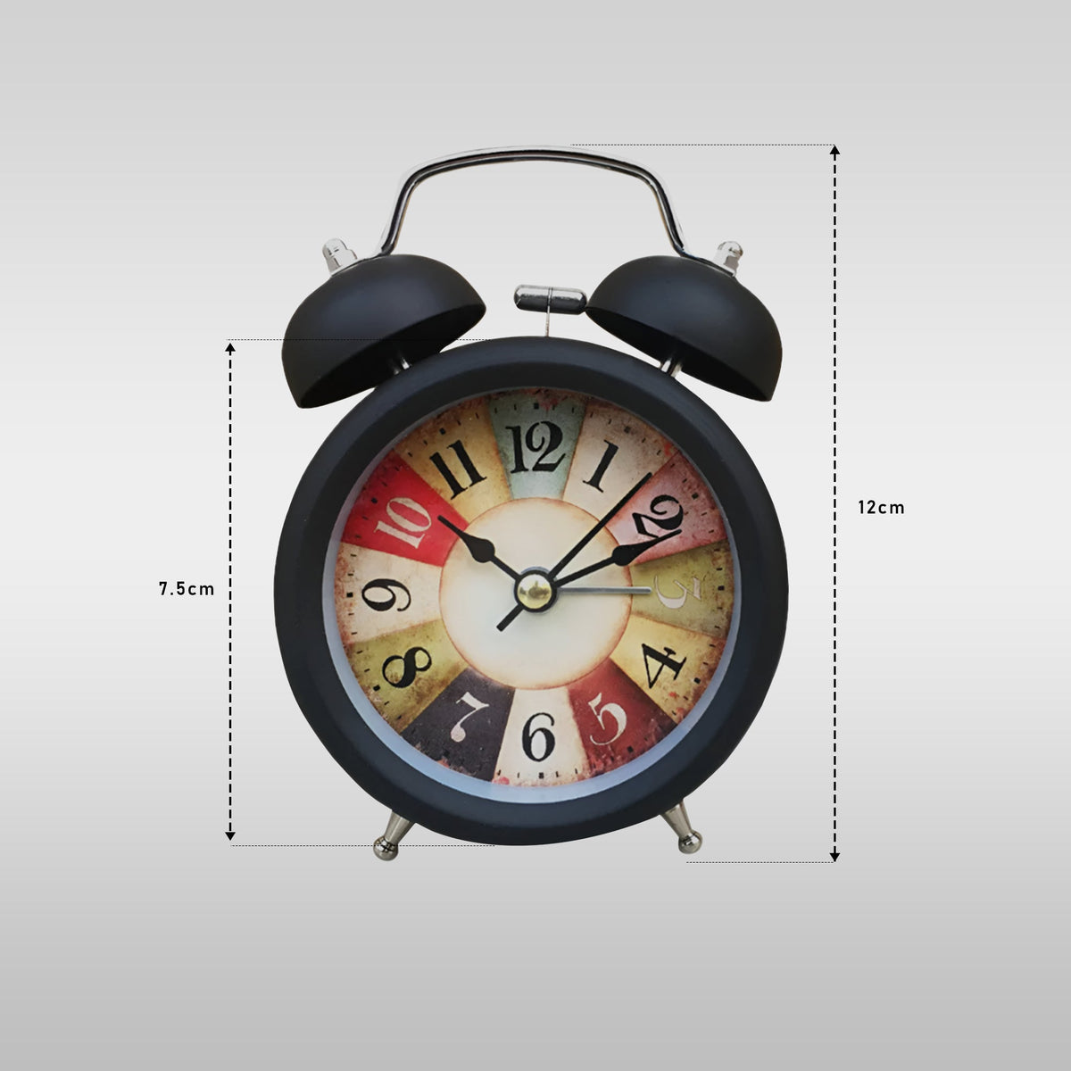 Twin Bell Alarm Clock – Colourful Retro Dial, Black, Small or Large - Small