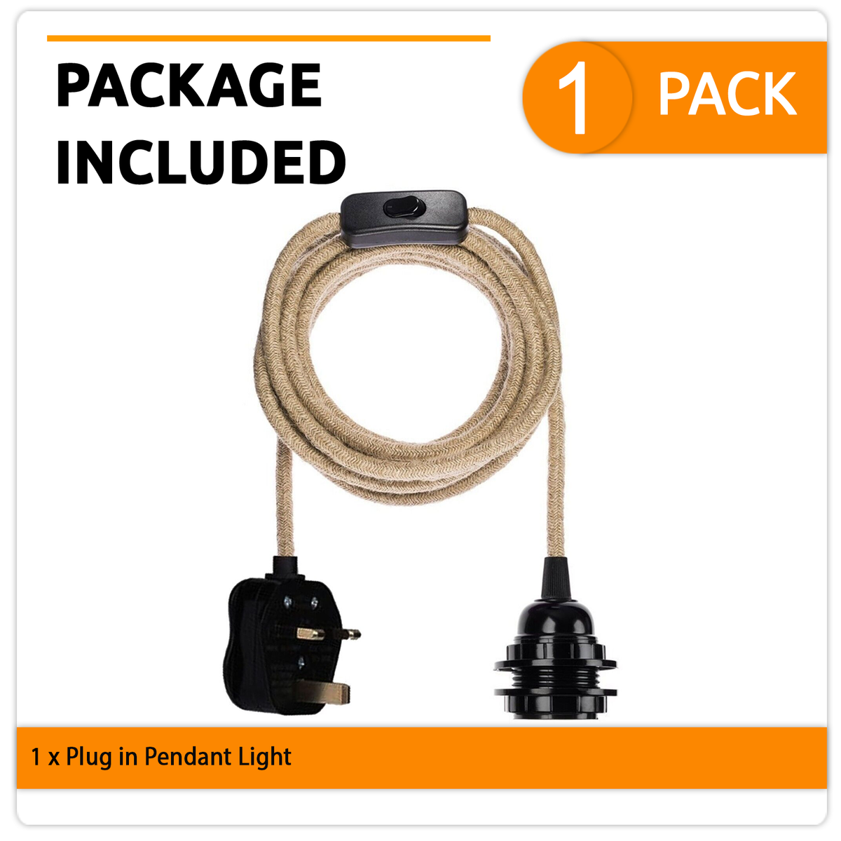 Plug-In Hemp Rope Pendant Light Kit – E27, On/Off Switch - photo 6
