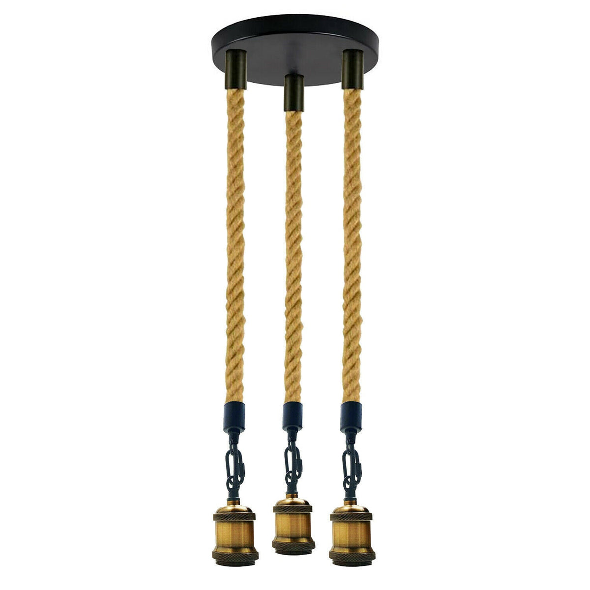 3-Light Hemp Rope Pendant – Brass Holders, Round Plate or Bar - photo 2