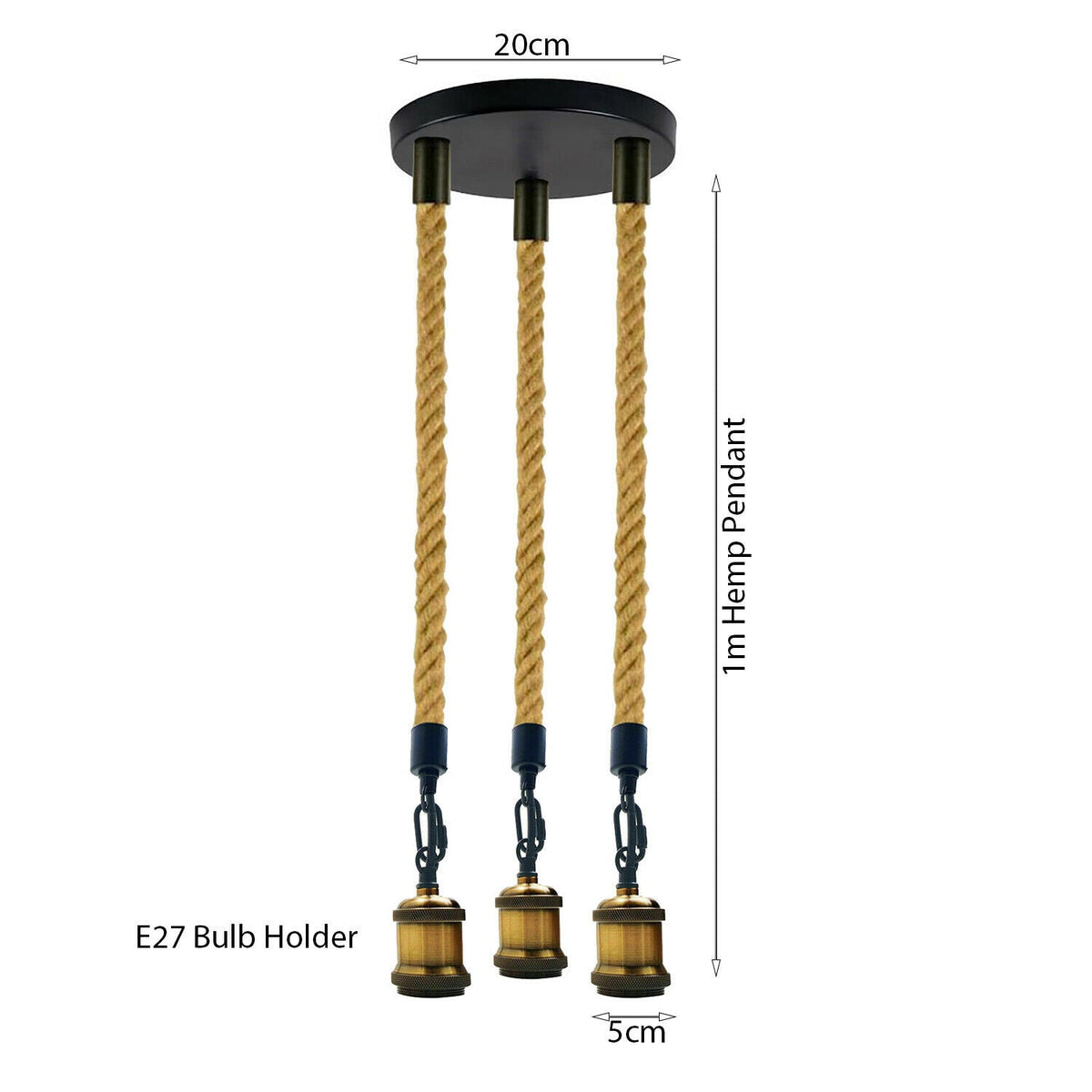 3-Light Hemp Rope Pendant – Brass Holders, Round Plate or Bar - photo 3