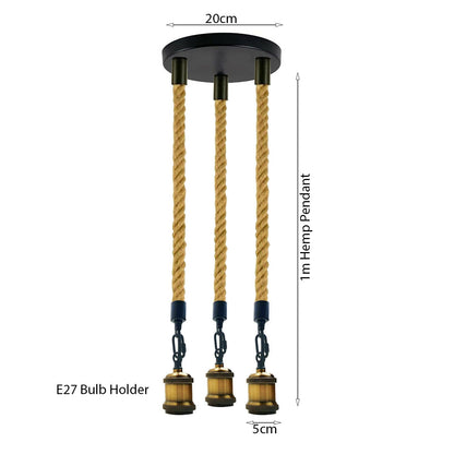 3-Light Hemp Rope Pendant – Brass Holders, Round Plate or Bar - photo 3