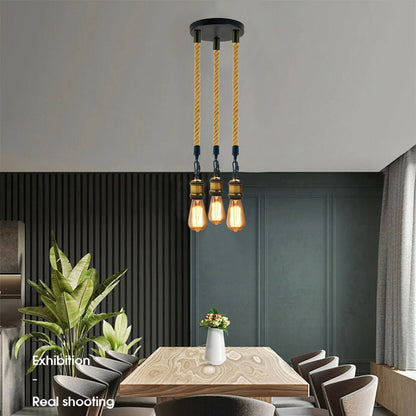 3-Light Hemp Rope Pendant – Brass Holders, Round Plate or Bar