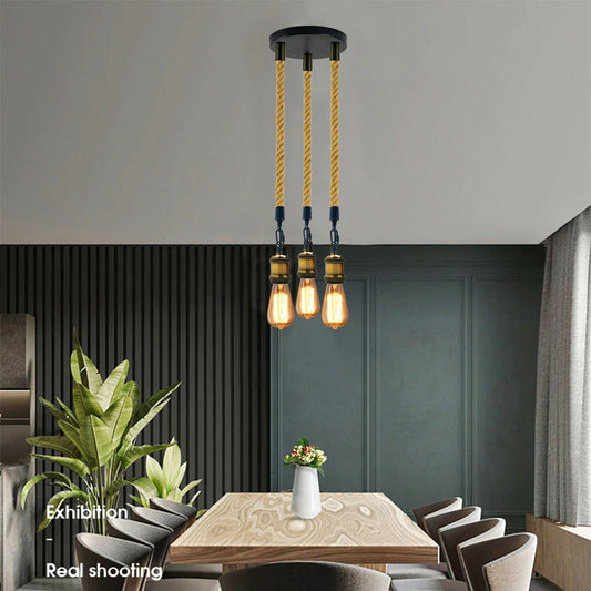 3-Light Hemp Rope Pendant – Brass Holders, Round Plate or Bar