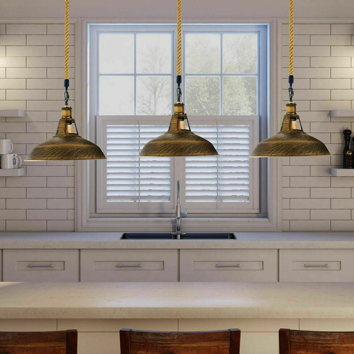 Hemp Rope Pendant Light – Brass Holder, Barn, Curvy or Wide Shades - photo 8