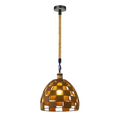 Hemp Rope Pendant Light – Brass Holder, Barn, Curvy or Wide Shades - Yellow Brass, Woven Hemp Dome 32.5 cm, Without Bulb