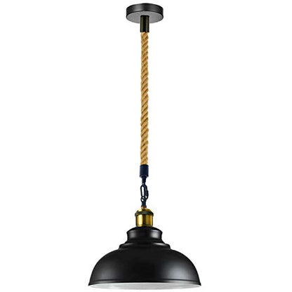 Hemp Rope Pendant Light – Brass Holder, Barn, Curvy or Wide Shades - Yellow Brass, Curvy 29 cm Black & White Inner, with Ceiling Rose, Without Bulb