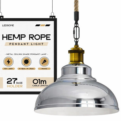 Hemp Rope Pendant Light – Brass Holder, Barn, Curvy or Wide Shades - Yellow Brass, Curvy 29 cm Chrome, Without Bulb