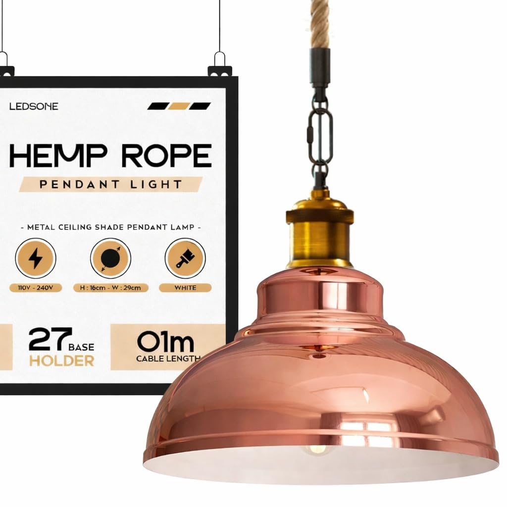 Hemp Rope Pendant Light – Brass Holder, Barn, Curvy or Wide Shades - Yellow Brass, Curvy 29 cm Rose Gold, Without Bulb