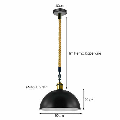 Hemp Rope Pendant Light – Brass Holder, Barn, Curvy or Wide Shades - Yellow Brass, Dome 40 cm Black, Without Bulb