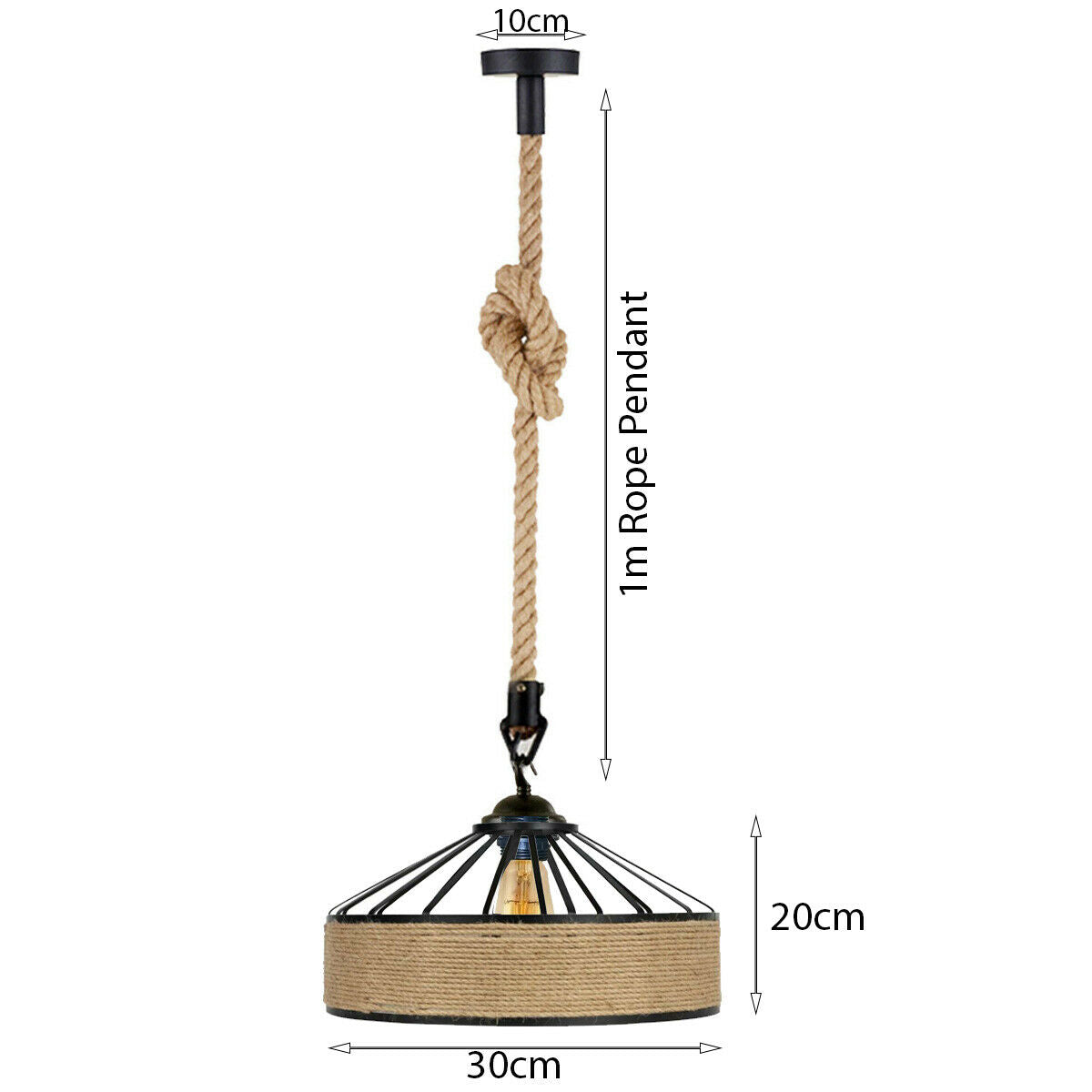 Hemp Rope Pendant Light – Brass Holder, Barn, Curvy or Wide Shades - Yellow Brass, Hemp 30 cm Hemp, Without Bulb