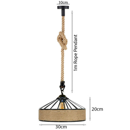 Hemp Rope Pendant Light – Brass Holder, Barn, Curvy or Wide Shades - Yellow Brass, Hemp 30 cm Hemp, Without Bulb