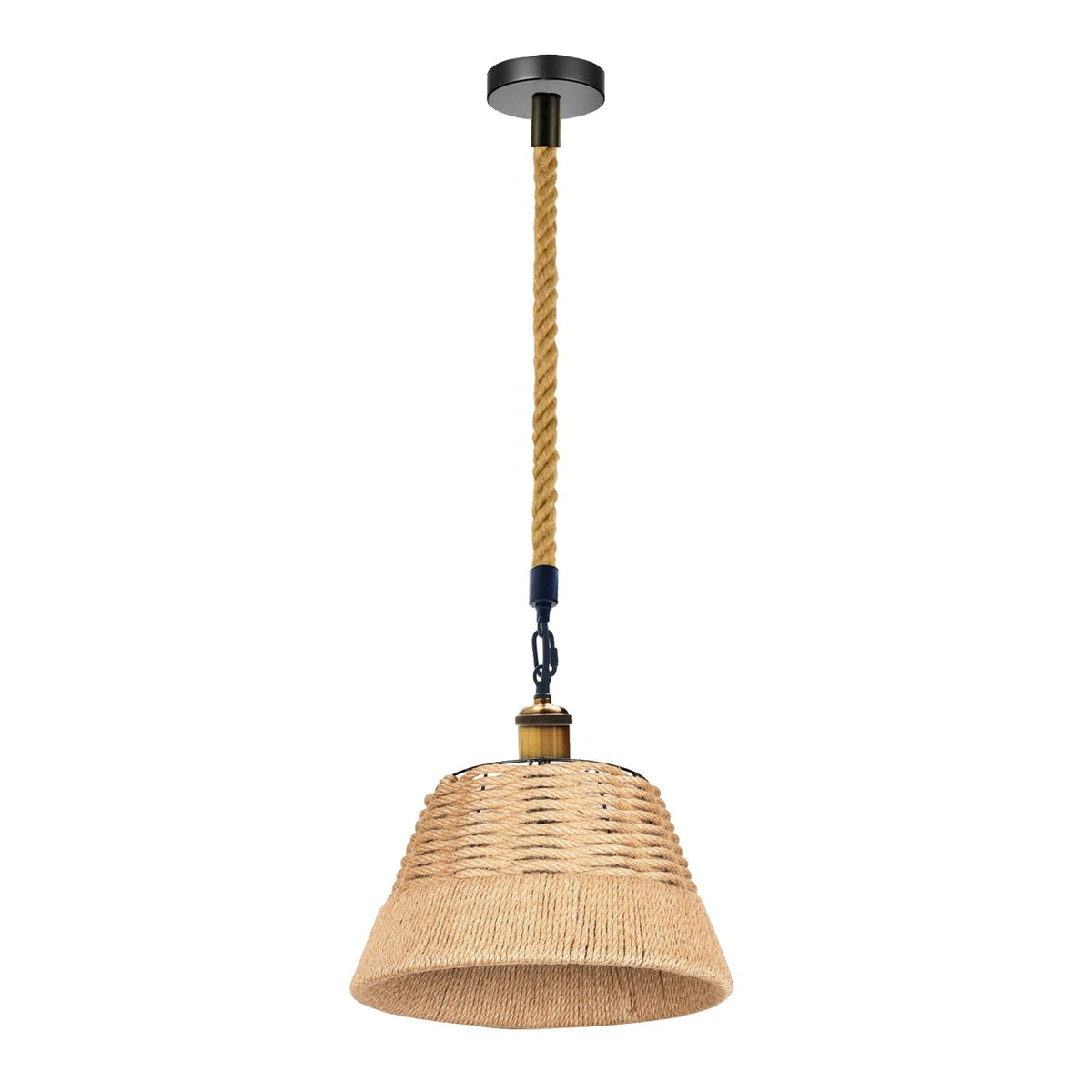 Hemp Rope Pendant Light – Brass Holder, Barn, Curvy or Wide Shades - Yellow Brass, Hemp 38 cm Hemp, Without Bulb