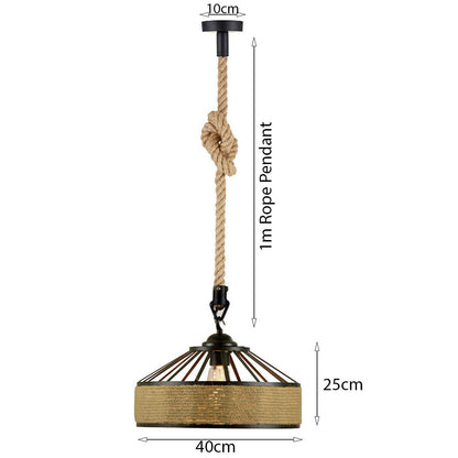 Hemp Rope Pendant Light – Brass Holder, Barn, Curvy or Wide Shades - Yellow Brass, Hemp 40 cm Hemp, Without Bulb