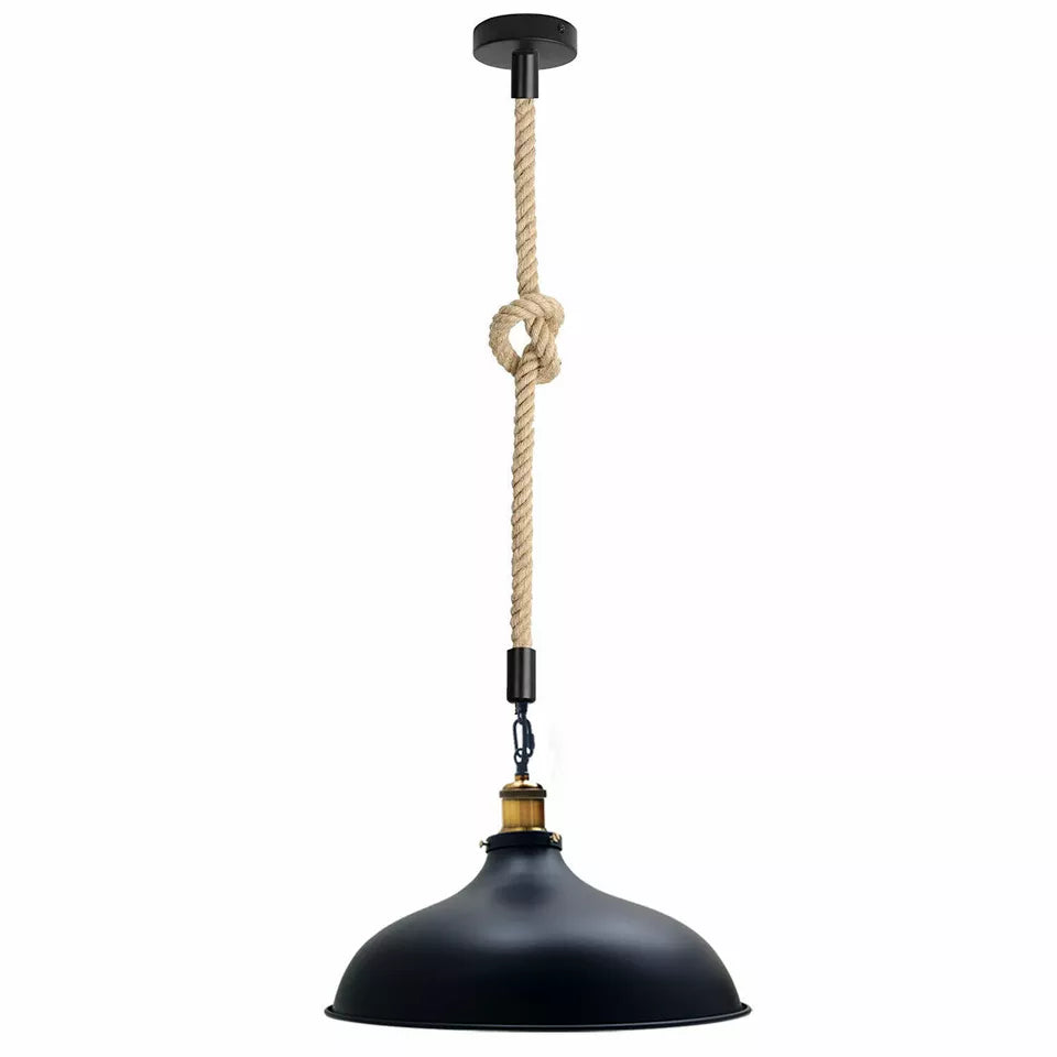 Hemp Rope Pendant Light – Brass Holder, Barn, Curvy or Wide Shades - Yellow Brass, Wide Round 36 cm Black Shade Ring, Without Bulb
