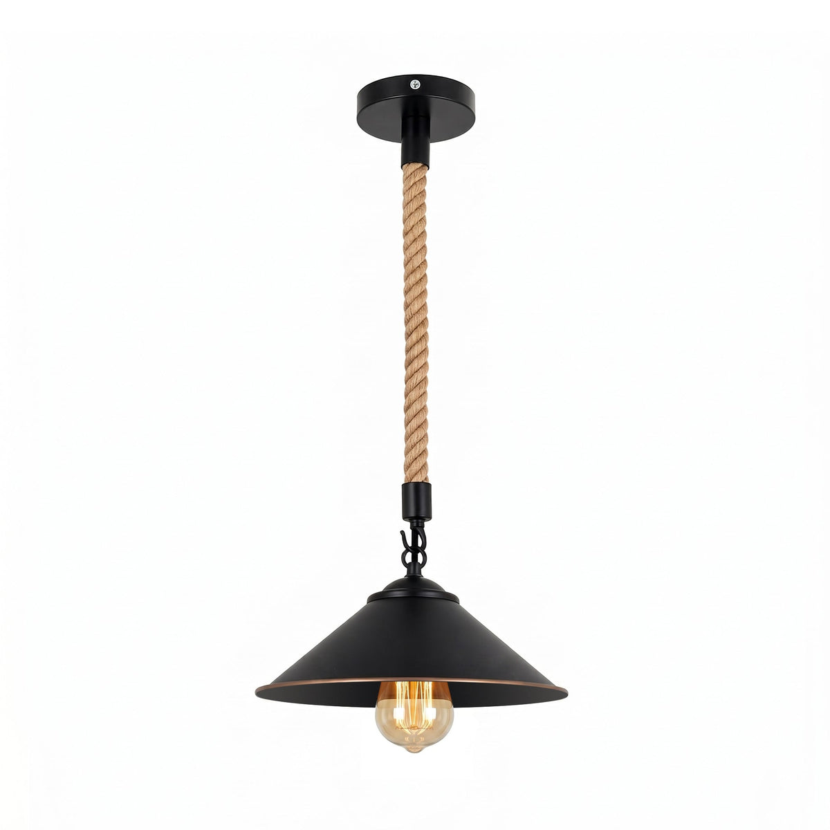 Hemp Rope Pendant Light – 30 cm Barn Shades, Cage or Cone, E27 - Black, Flat Cone 22 cm Black & Gold Line, Without Bulb