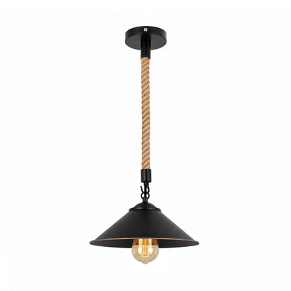 Hemp Rope Pendant Light – 30 cm Barn Shades, Cage or Cone, E27 - Black, Flat Cone 22 cm Black & Gold Line, Without Bulb