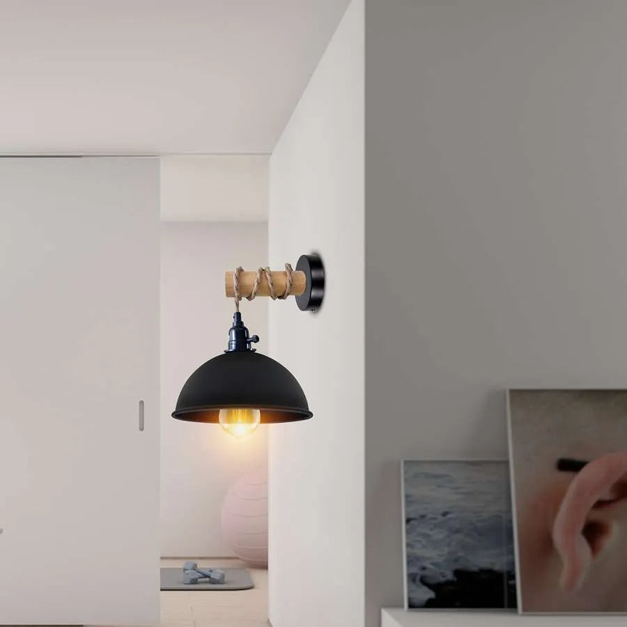 Hemp Rope Wall Light with Switch – Black, Dome Shade or Cage, E27 - photo 2
