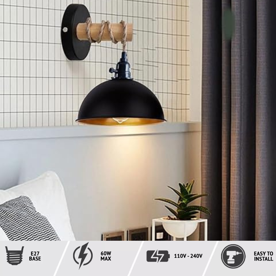 Hemp Rope Wall Light with Switch – Black, Dome Shade or Cage, E27 - photo 3