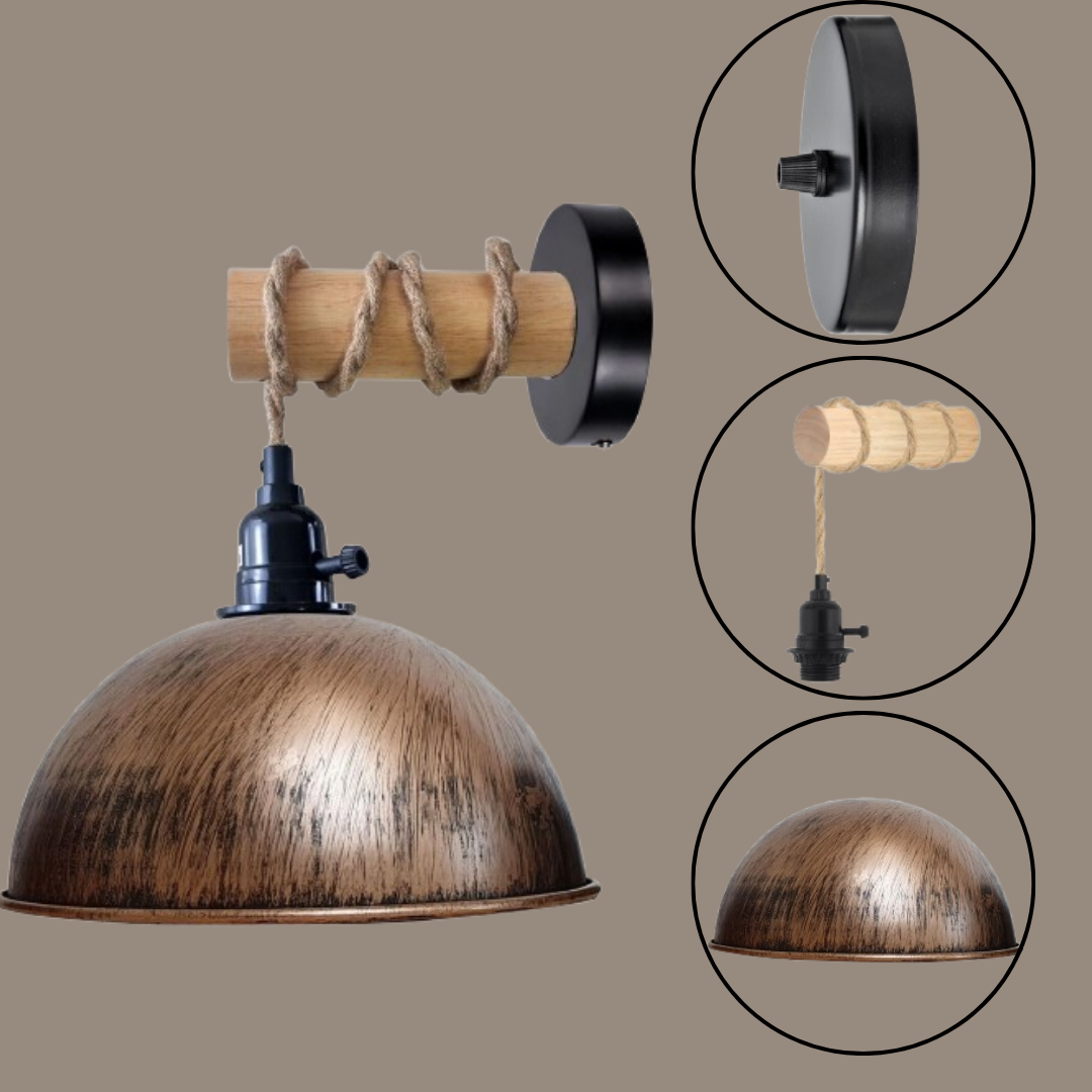 Hemp Rope Wall Light with Switch – Black, Dome Shade or Cage, E27 - photo 4
