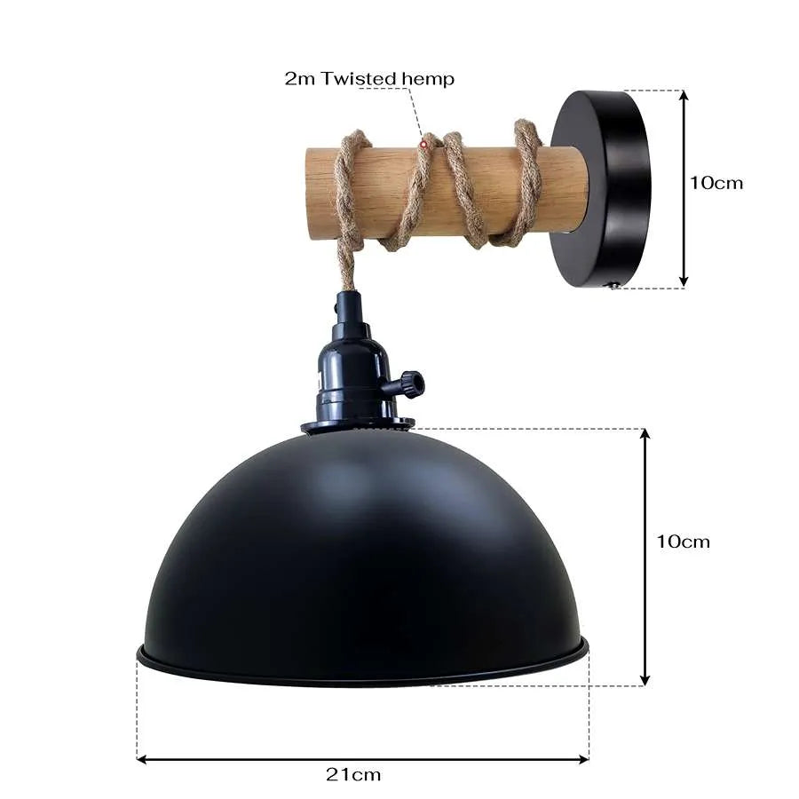 Hemp Rope Wall Light with Switch – Black, Dome Shade or Cage, E27 - photo 5