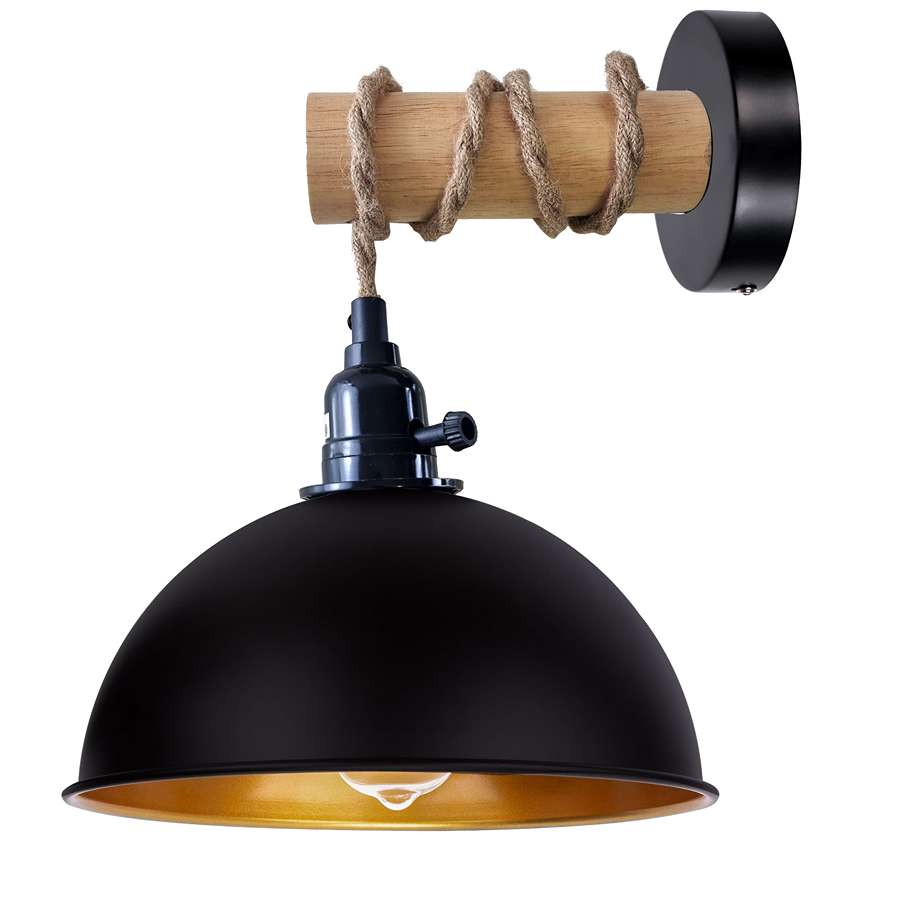 Hemp Rope Wall Light with Switch – Black, Dome Shade or Cage, E27 - Black, Dome 21 cm Black & Gold, Without Bulb