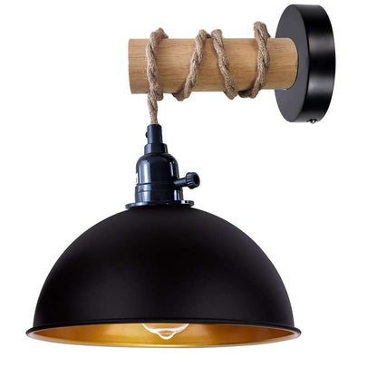 Hemp Rope Wall Light with Switch – Black, Dome Shade or Cage, E27 - Black, Dome 21 cm Black & Gold, Without Bulb