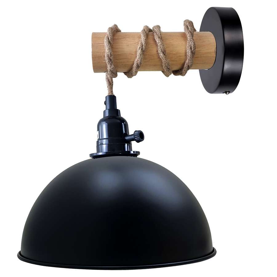 Hemp Rope Wall Light with Switch – Black, Dome Shade or Cage, E27 - Black, Dome 21 cm Black, Without Bulb