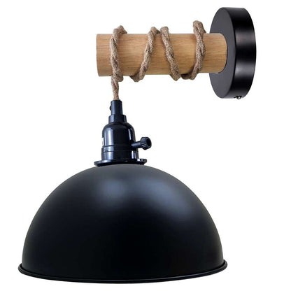 Hemp Rope Wall Light with Switch – Black, Dome Shade or Cage, E27 - Black, Dome 21 cm Black, Without Bulb