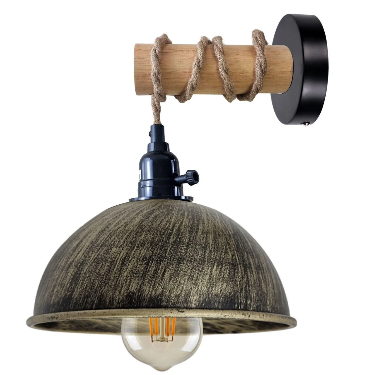 Hemp Rope Wall Light with Switch – Black, Dome Shade or Cage, E27 - Black, Dome 21 cm Brushed Brass, Without Bulb