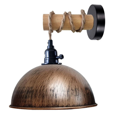 Hemp Rope Wall Light with Switch – Black, Dome Shade or Cage, E27 - Black, Dome 21 cm Brushed Copper, Without Bulb