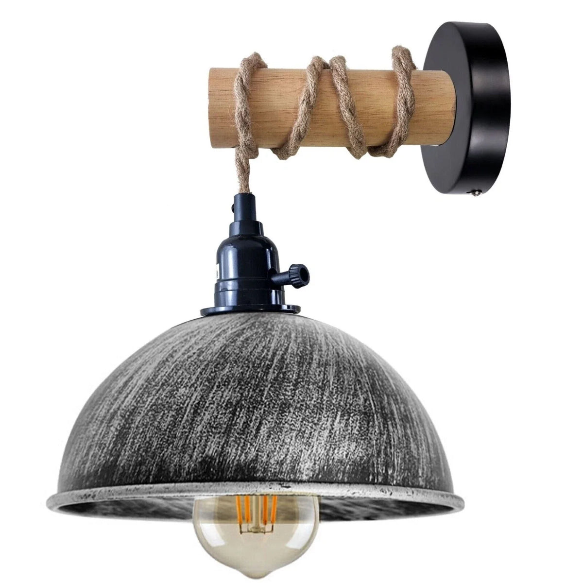Hemp Rope Wall Light with Switch – Black, Dome Shade or Cage, E27 - Black, Dome 21 cm Brushed Silver, Without Bulb