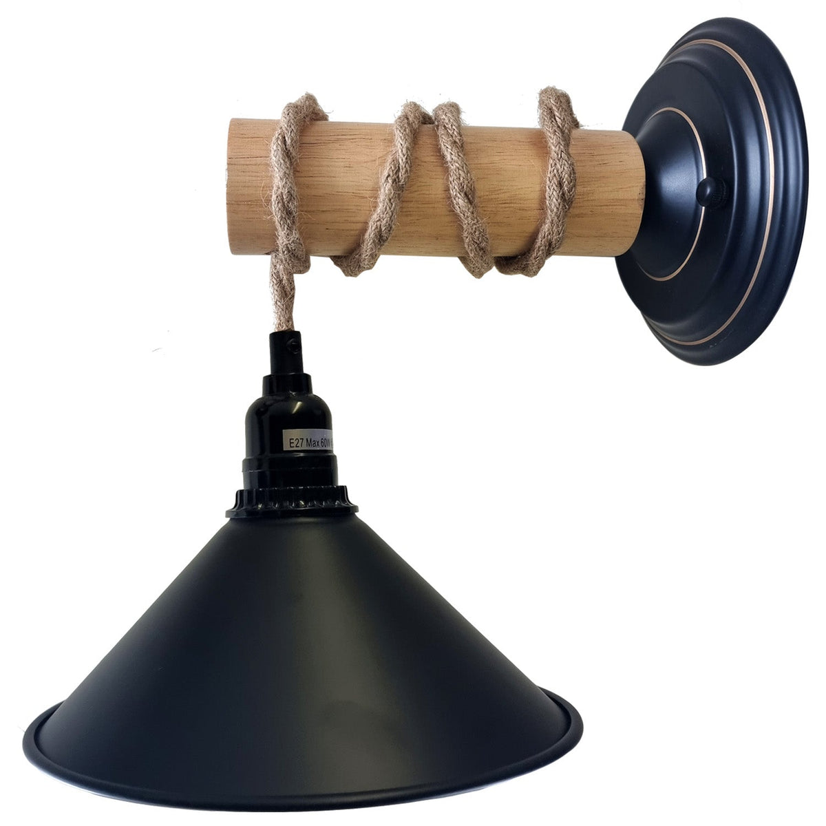 Hemp Rope Wall Light with Switch – Black, Dome Shade or Cage, E27 - Black, Flat Cone 22 cm Black & Gold, Without Bulb