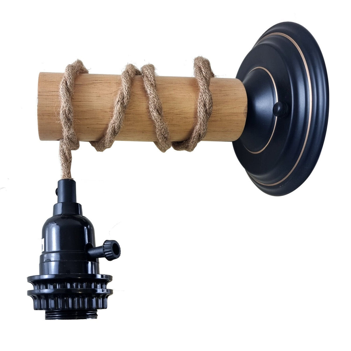 Hemp Rope Wall Light with Switch – Black, Dome Shade or Cage, E27 - Black, No Shade 140 mm Rose, Without Bulb