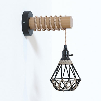 Hemp Rope Wall Light with Switch – Black, Dome Shade or Cage, E27 - Black, Woven Cage Black, Without Bulb