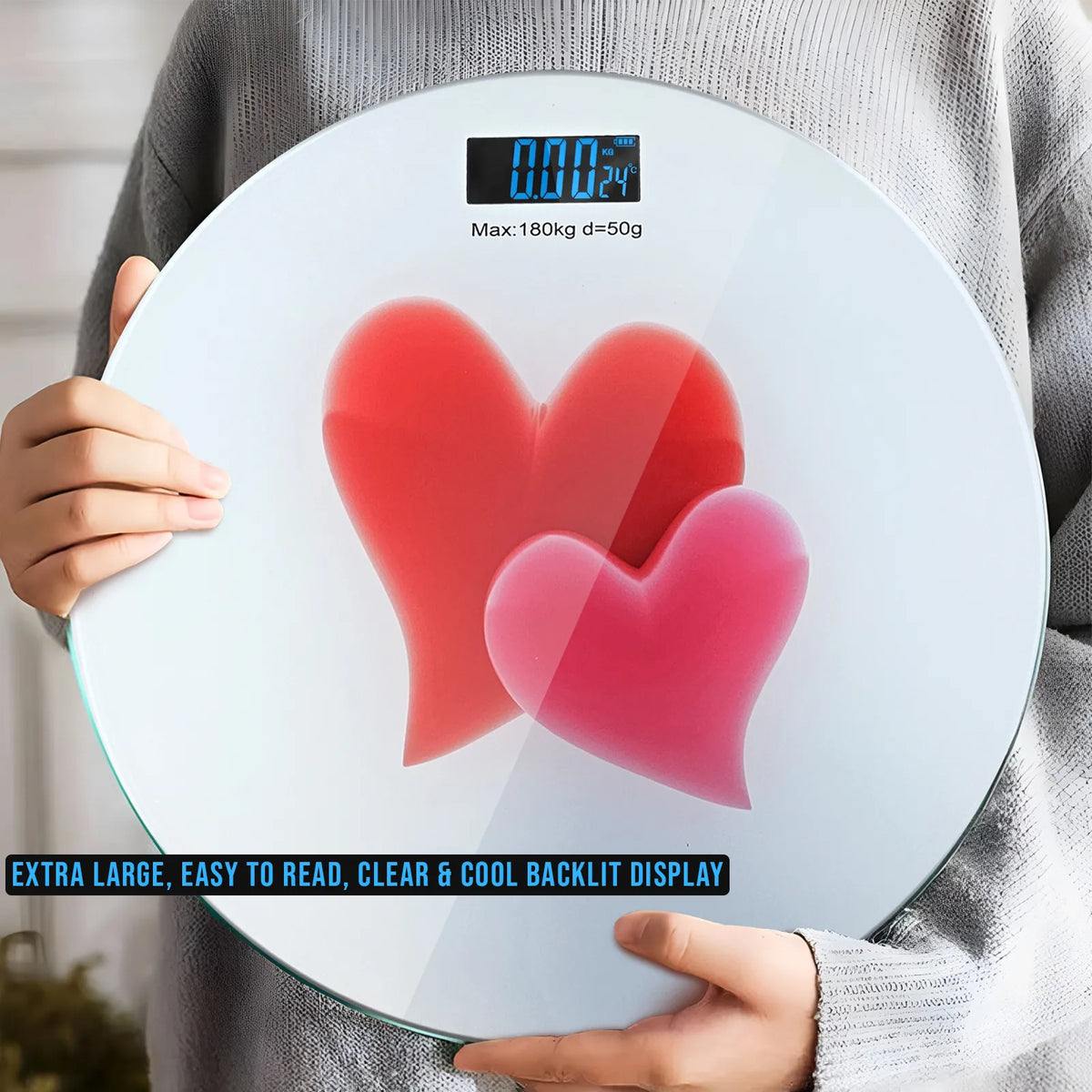 Round Glass Bathroom Scale – Hearts, Strawberries or Gemstones Print, 180 kg - photo 16