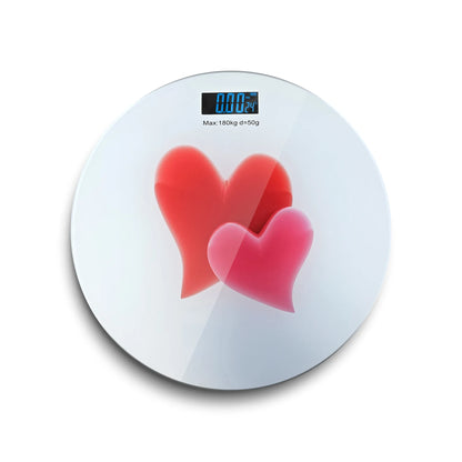 Round Glass Bathroom Scale – Hearts, Strawberries or Gemstones Print, 180 kg