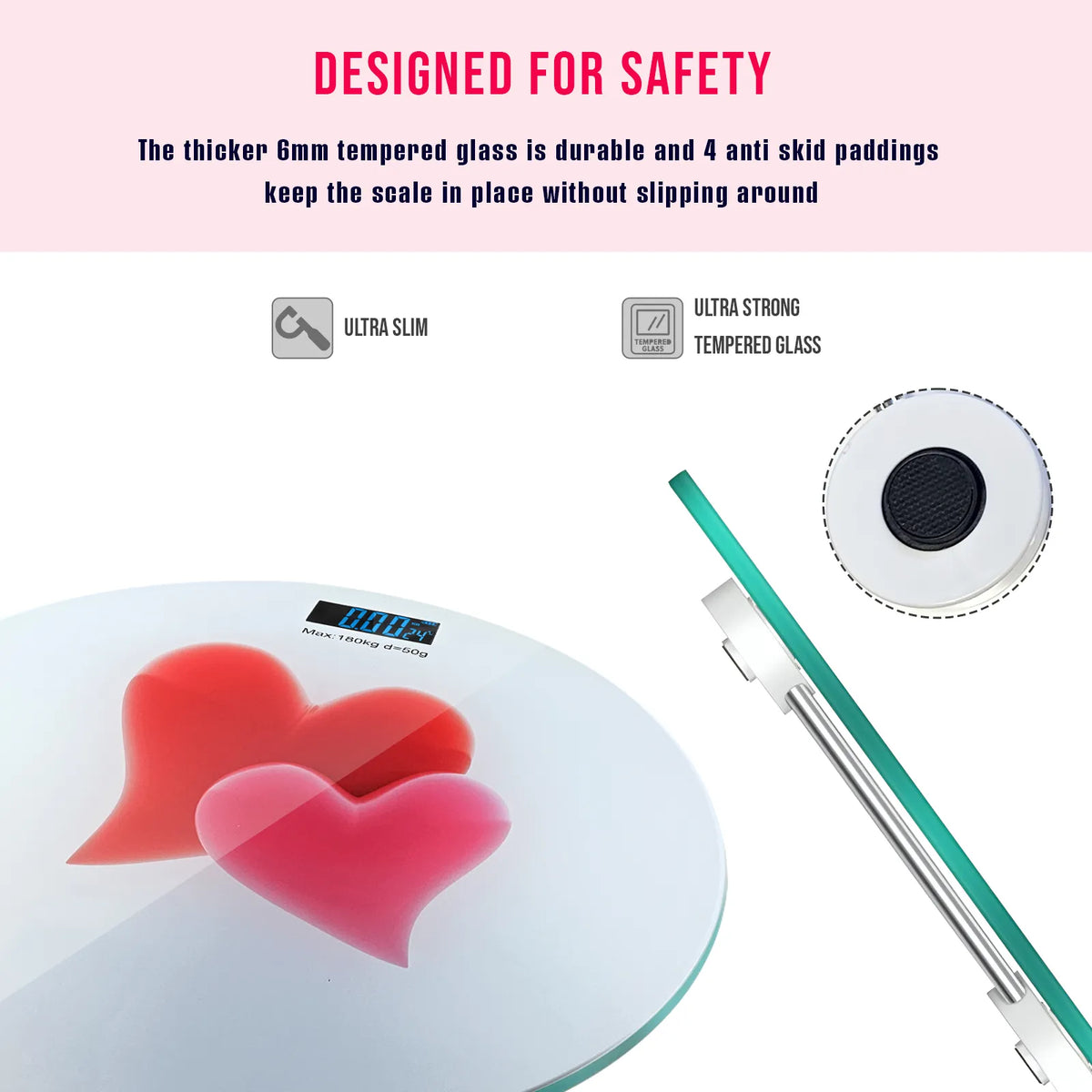 Round Glass Bathroom Scale – Hearts, Strawberries or Gemstones Print, 180 kg - photo 9
